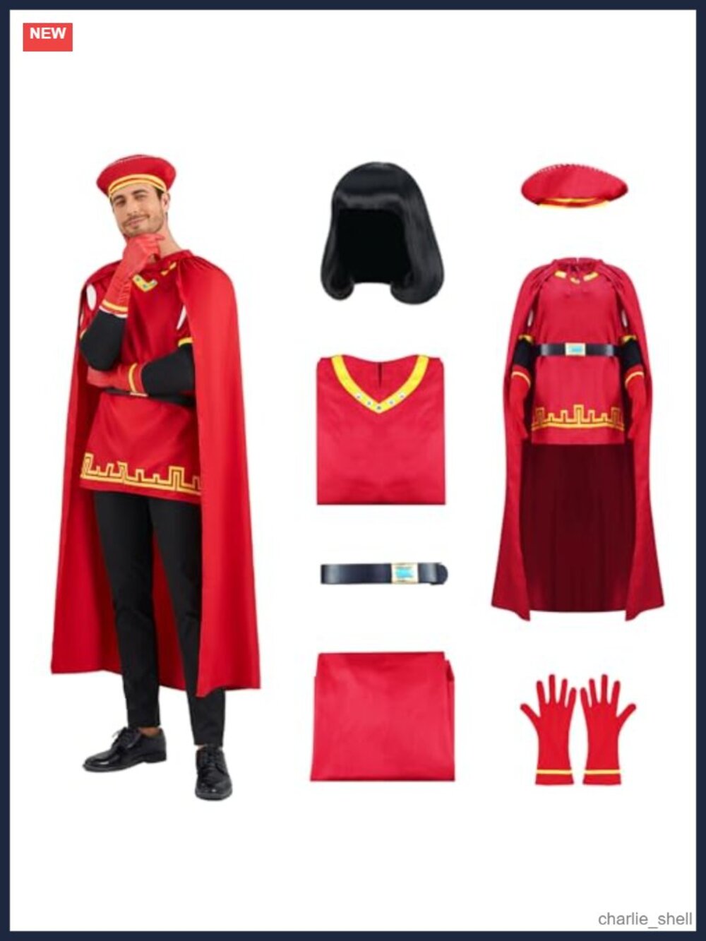 Men's Farquaad Red Cloak Cape Halloween Costume Full Set with Belt Hat Gloves